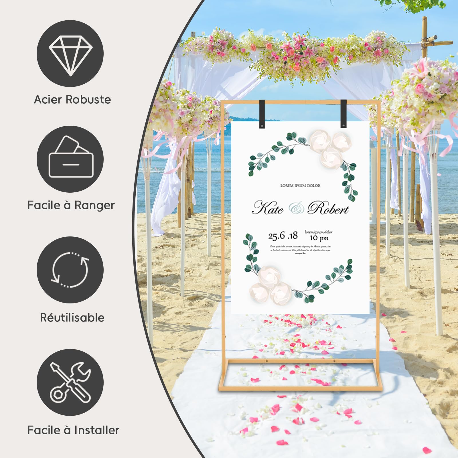 Support de présentoir de mariage, 164 x 76 x 51 cm, chevalet robuste pour panneau avec 4 sangles en cuir, adapté pour tableau de sièges, réception, affiches et décoration (Doré)