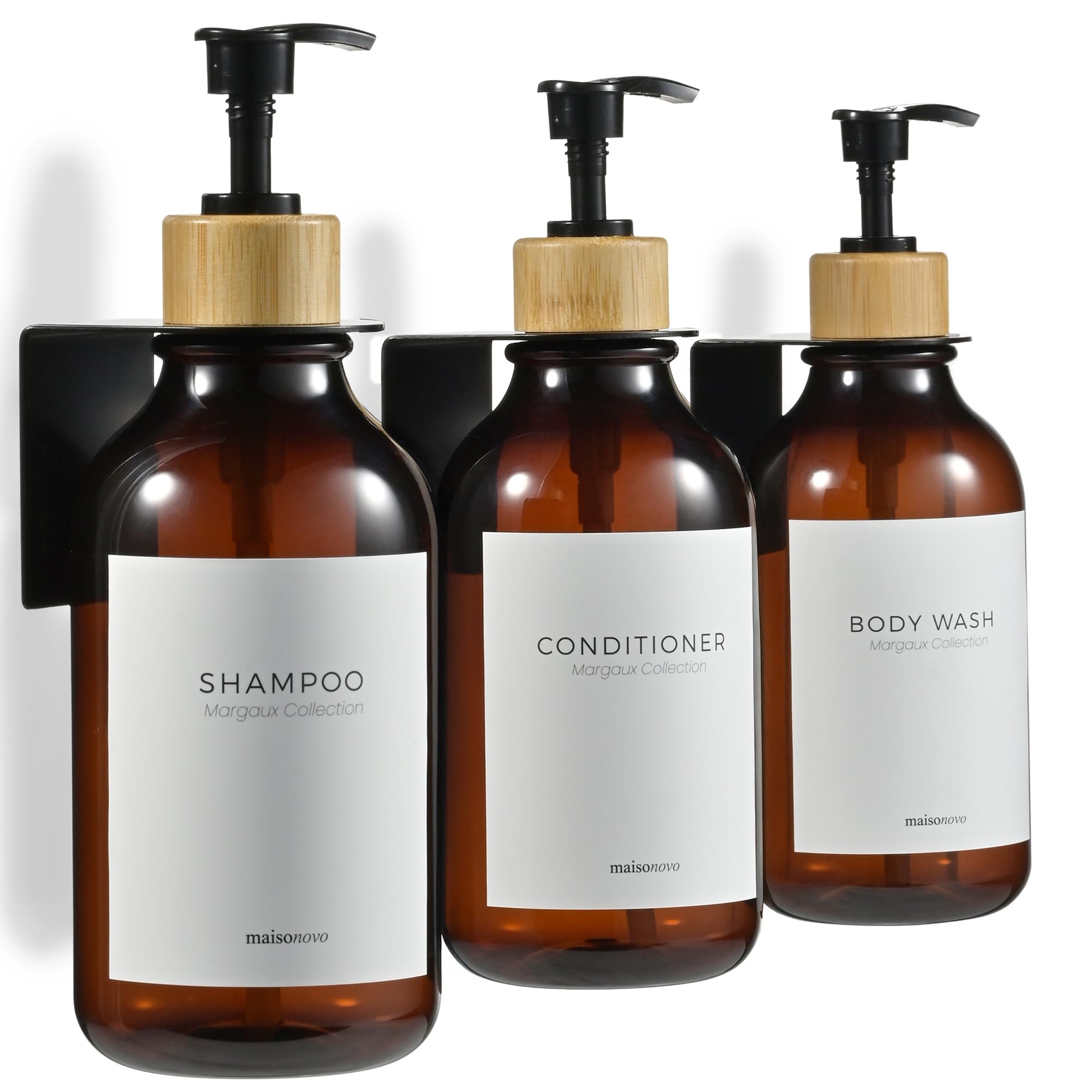 MaisoNovo Shampoo and Conditioner Dispenser - Shower Soap Dispenser Wall Mounted - 16.9 fl oz Set of 3 Amber Plastic Bottles Black Bamboo Pump - Shampoo Dispenser, Shower Dispenser 3 Chamber No Drill