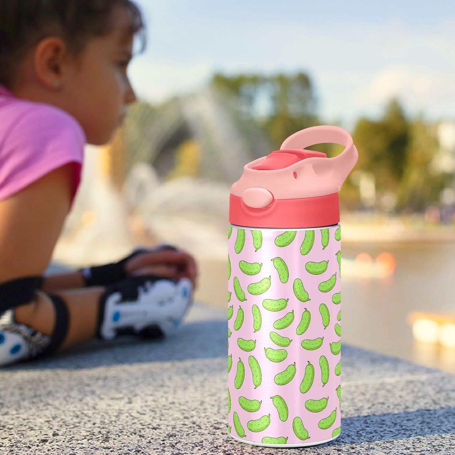 Kawaii Panda Kids Water Bottle with Straw and Carry Handle Cute Bear Pink Vacuum Insulated Stainless Steel Bottles Leak-Proof for Boys Girls Toddler 12 oz Pink Lid