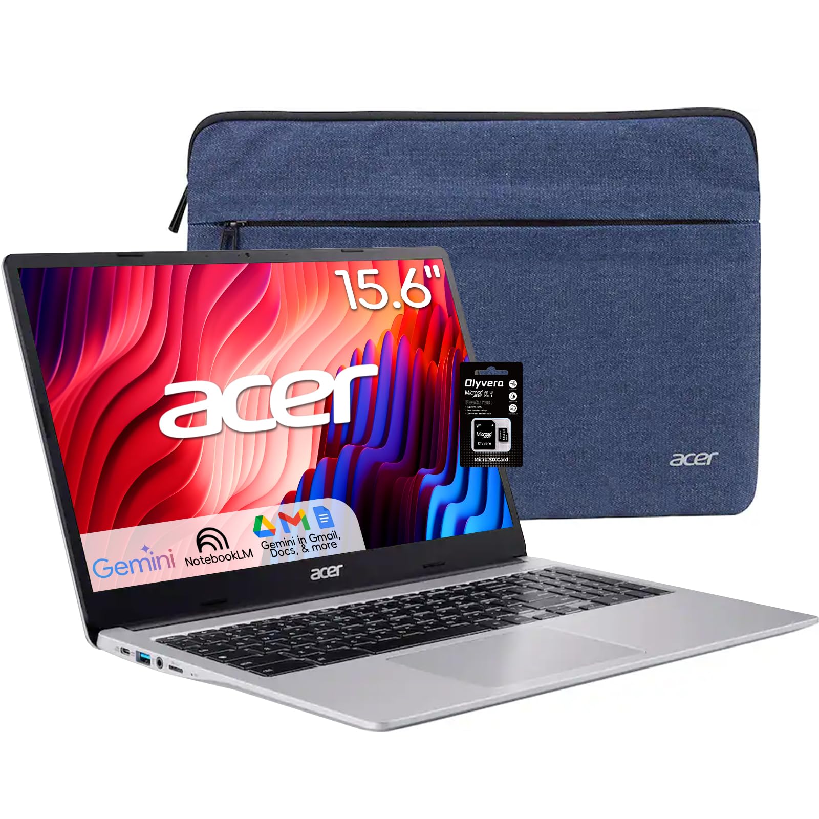 Acer Chromebook 15,6" FHD Laptop, Intel Celeron N4500, 4GB di memoria, 128GB di memoria (64GB eMMC + 64GB SD Card), 2TB Cloud Storage, 2 X USB-C & A, Google AI Pro, Bluetooth, Wi-Fi 6, DTS Audio