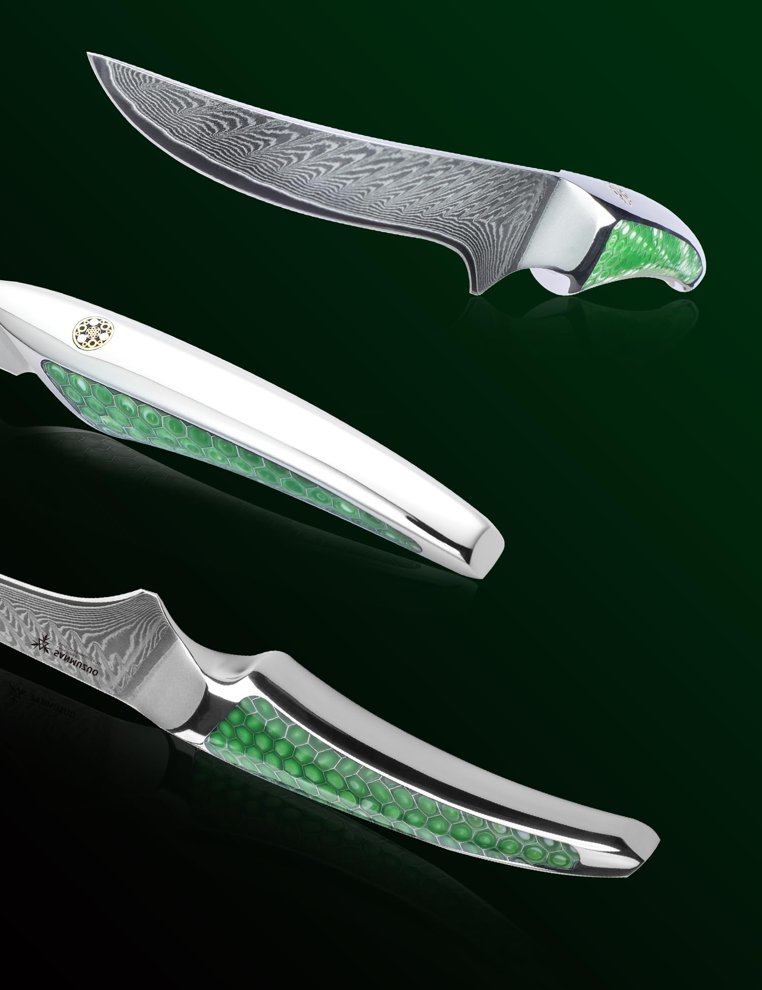 Cuchillo para filetear de 18cm, cuchillo japonés para pescado de cocina de acero damasco VG-10, cuchillo para deshuesar ultra afilado con mango de espiga completa en resina verde, serie LA-S9
