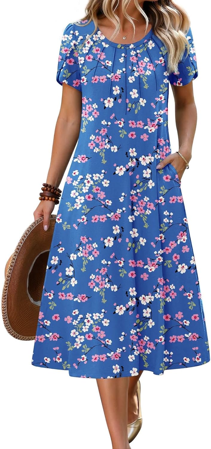Zeagoo Womens Casual Summer Dress 2026 Petal Short Sleeve Dresses with Pleats Midi A Line Flowy Dress Boho Sundress