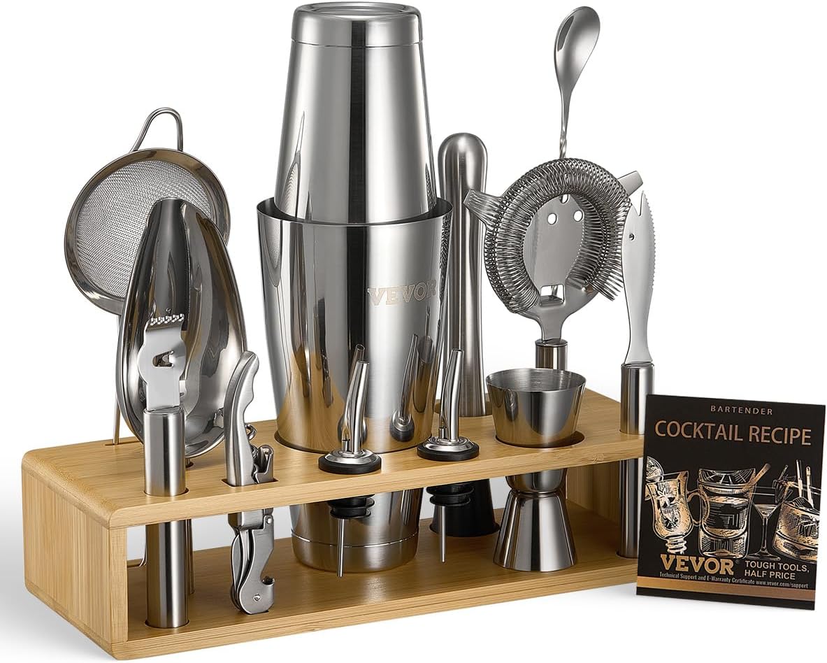 Set Coctelera VEVOR 13 Piezas Acero Inoxidable con Soporte Bambú
