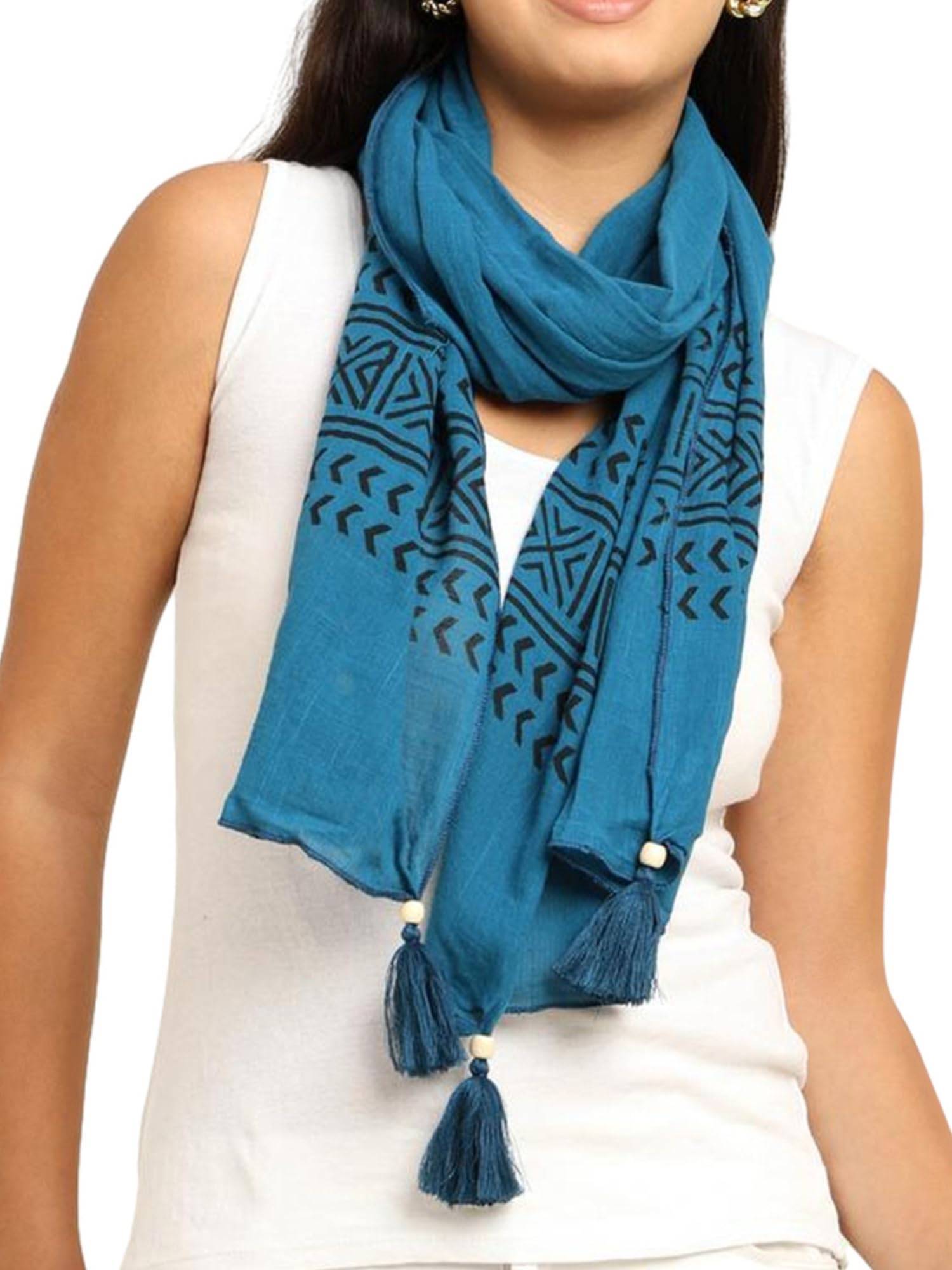 KE KANHA EXPORTS Stole for Women | Cotton Scarf for Women Stylish Boho Block Print Border with Tassels | Soft Lightweight Summer Beach Head Wrap | 180 x 50 cm-image-15
