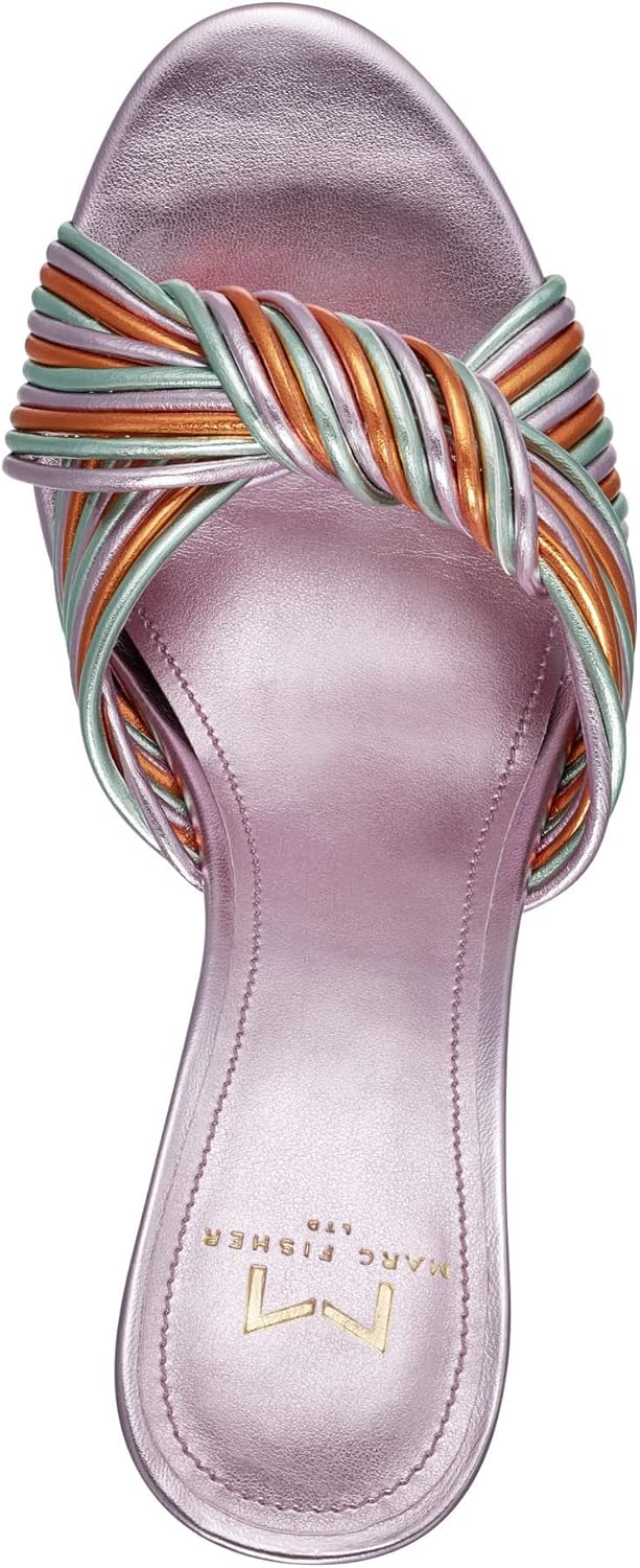 Close-up top-down view of the toe area of a Marc Fisher Brista Heeled Sandal, showing the knotted strap detail.