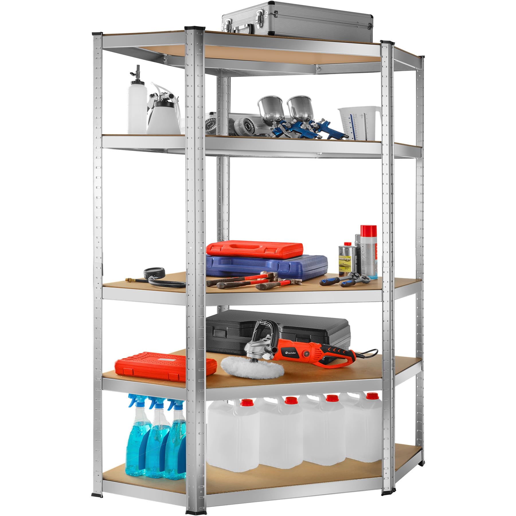 tectake® Werkstattregal, Schwerlastregal Eckregal mit 5 Böden, Metall Lagerregal, Kellerregal, Zubehör für Garage, Organizer für Abstellraum, Steckregal, für Aufbewahrung, Lastenregal - 875 kg