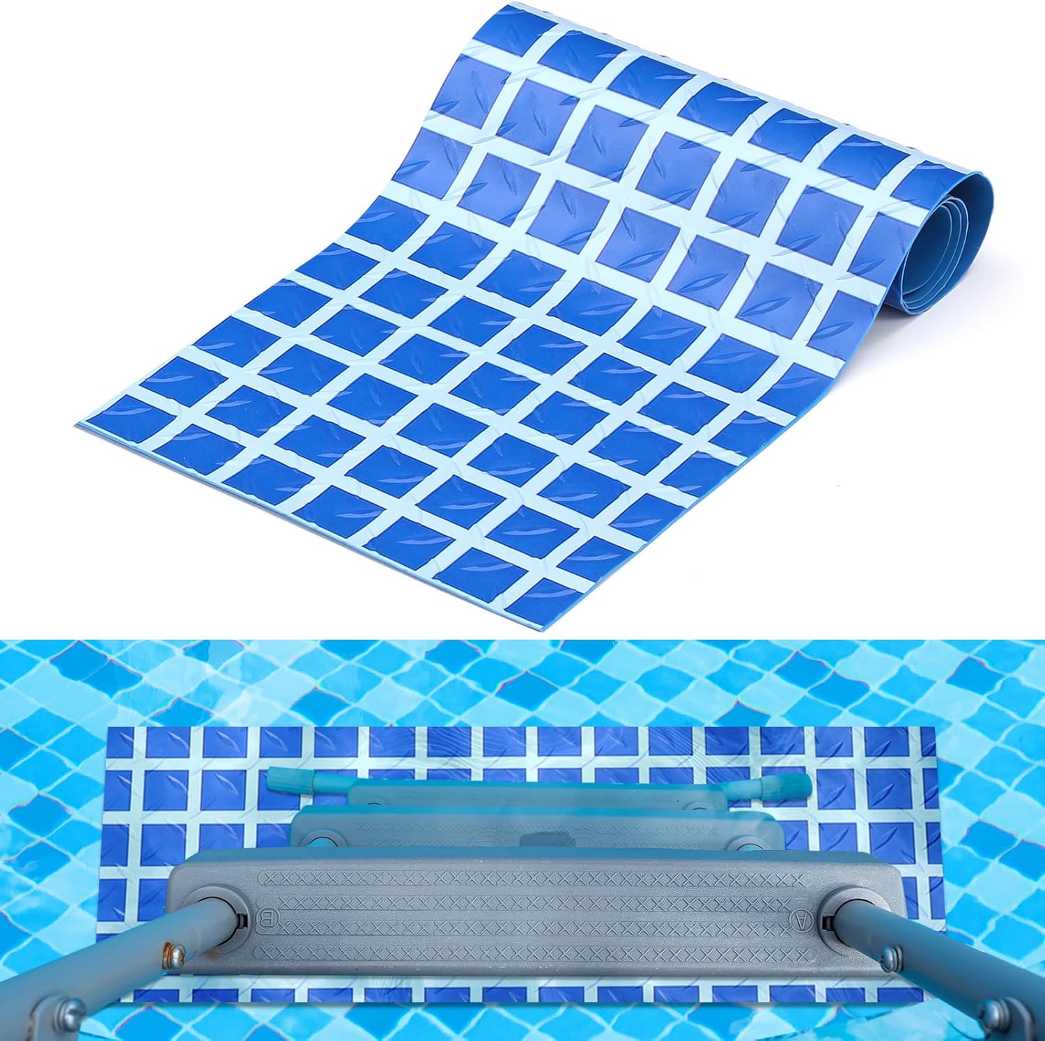 Pool Step Mat Above Ground Ladder Mat, Swimming Protective Nonslip Step Pad with Texture, Pool Essentials Accessories for Floor Liners and Stairs, Blue Large Square Pattern (36 x 36 Inch)