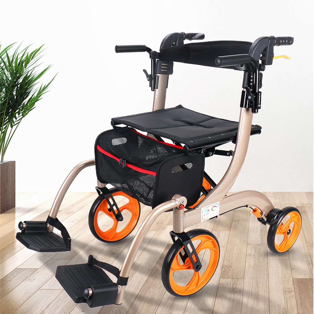 Andador plegable con asiento, altura ajustable, aluminio ligero, frenos duales, bolsa de almacenamiento desmontable, ayuda de movilidad de 4 ruedas para personas mayores