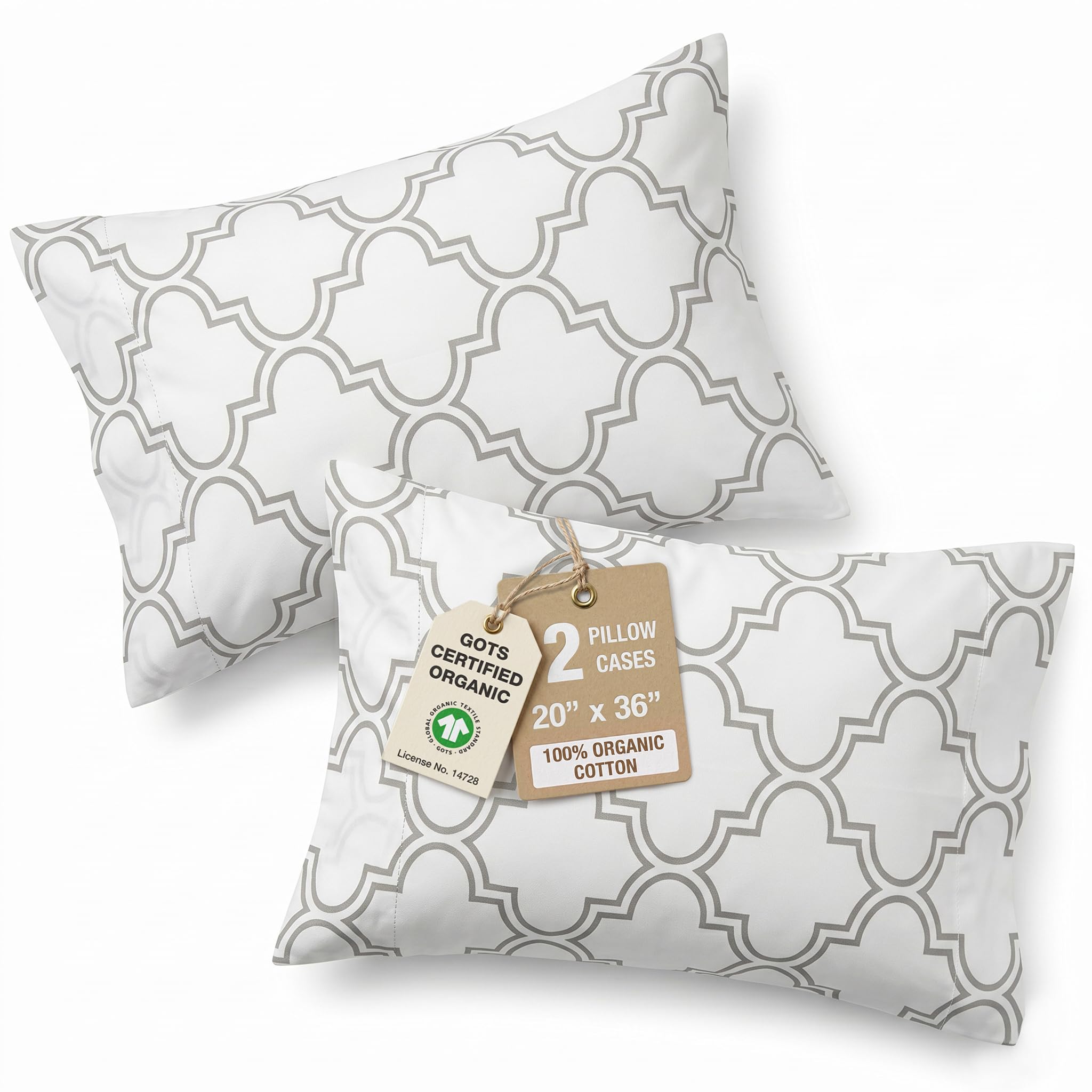 Lane Linen 100% Organic Cotton King Size Pillow Cases Set of 2 (20"x36") - Silver Trellis — image 1