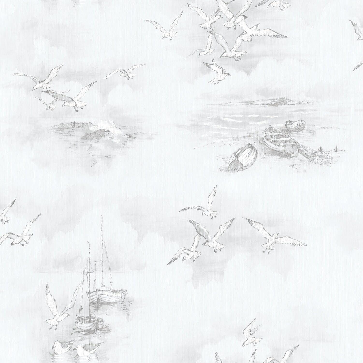 Galerie Blue,Grey G56424 - Global Fusion Blue Grey Boats Seagulls Wallpaper