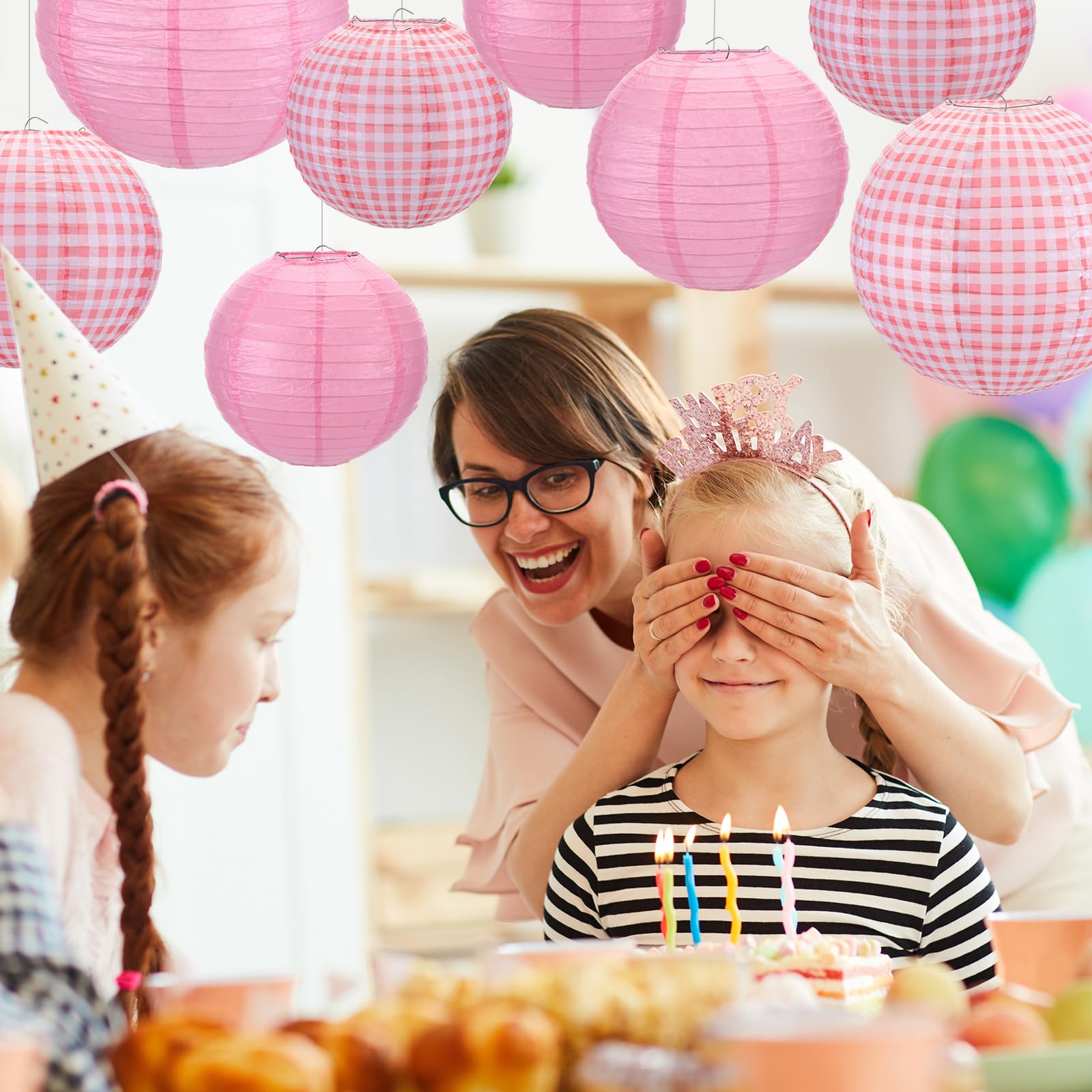 Różowe i białe papierowe lampiony w kratkę, wiszące chińskie okrągłe papierowe lampiony, dekoracja na baby shower, urodziny, grill, ślub, piknik, dekoracja domu, 12 szt