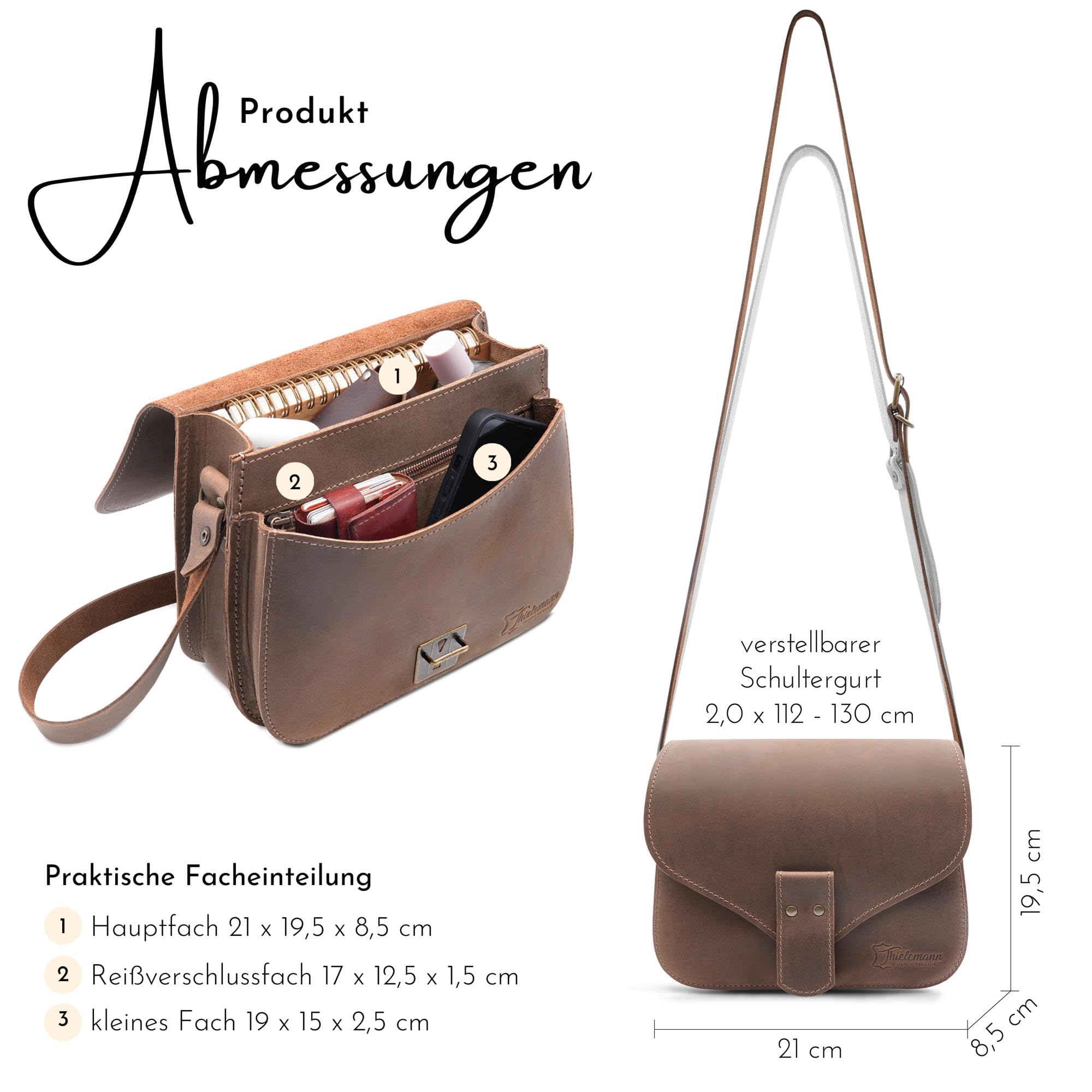 Thielemann Damen Handtasche Brasilia Made in Germany, Umhängetasche aus Leder, Abendtasche, Echtleder Tasche zum Umhängen, Crossbody Bag, Ledertasche zum Ausgehen