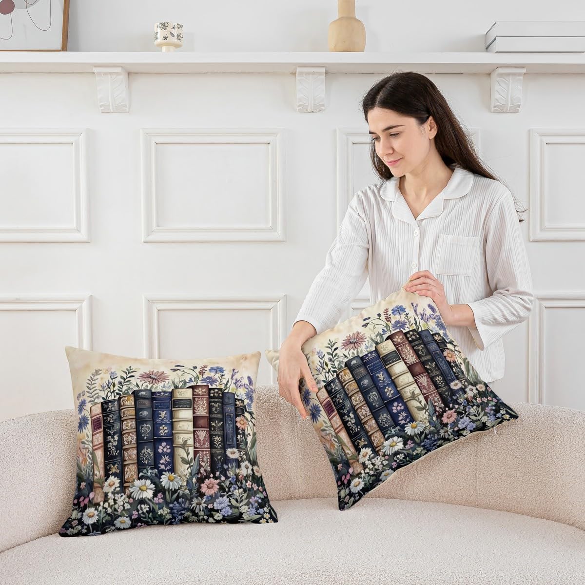 Erosebridal Vintage Book Throw Pillow Cover 24x24 Rustic Flowers Cushion Cover Literary Lover Modern Reading Cushion Case Retro Readers Library Bookshelf Decorative Pillowcase