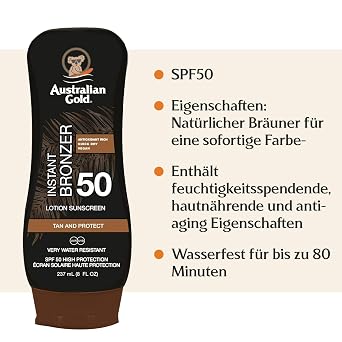 Australian Gold SPF 50 Lotion with Tanner New Formula Natural Tan & Instant Colour Moisturising with Aloe Vera Cocoa Butter and Natural Oils 237 ml