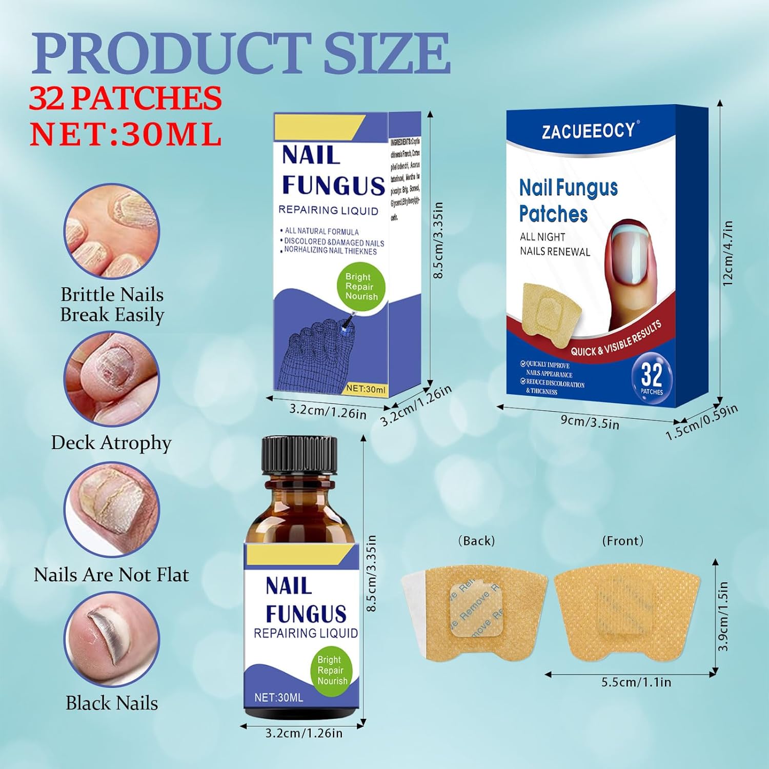 Toenail Fungus Treatment Extra Strength Kit, 30ml Nail Repair Solution and 32 Nail Renewal Patches for Damaged Thick Discolored Toenails and Fingernail - Image 2