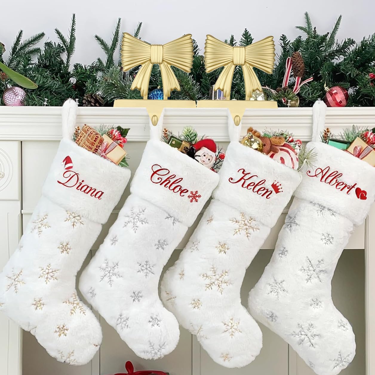 Christmas Stocking Holders Set of 2 - Christmas Stocking Holders for Fireplace- Metal Stocking Hanger for Mantel-Stocking Hooks for Christmas Party and Home Decoration (Gold Bowknot)