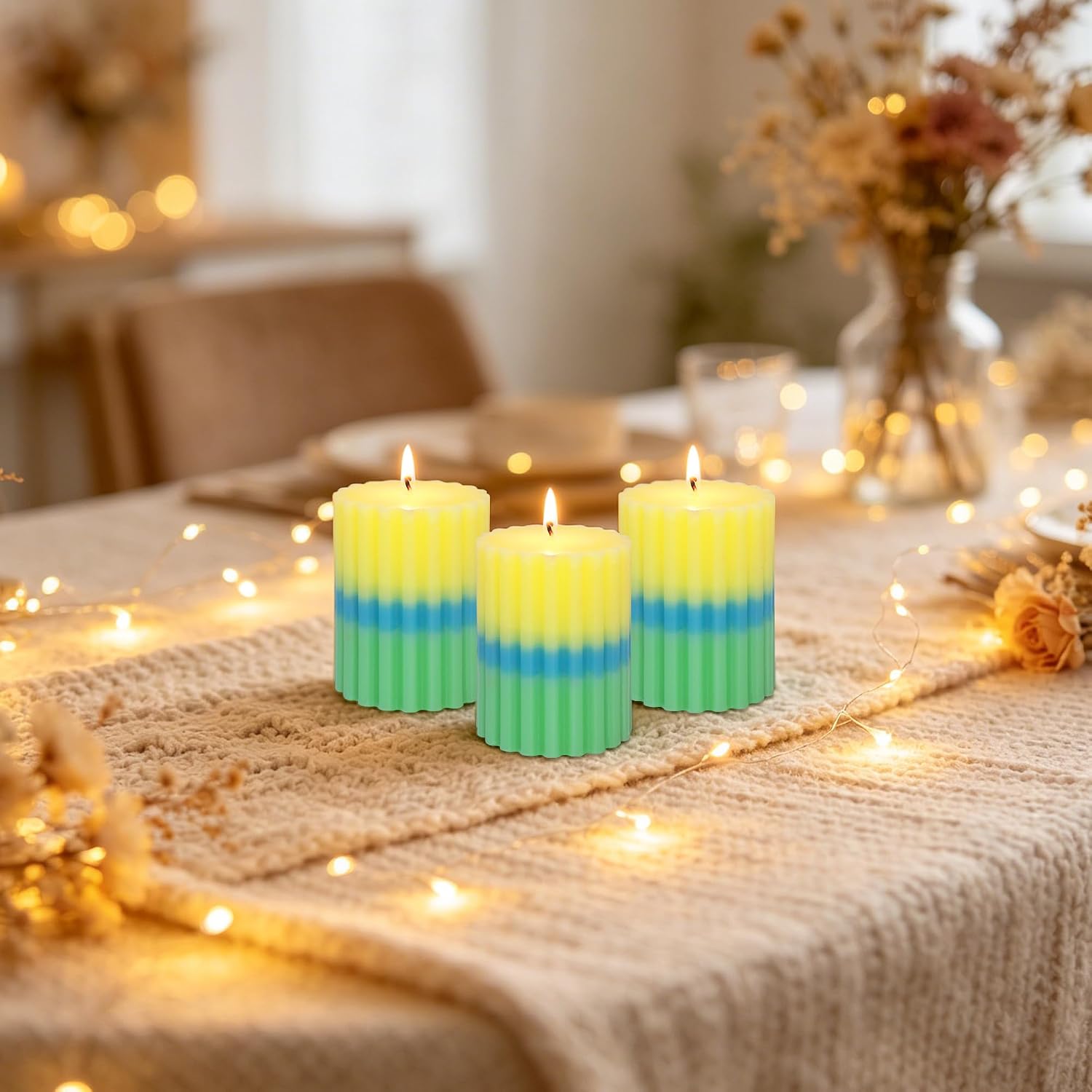 Green Blue Yellow Pillar Candles Lemon Verbena Scented, Cotton Core Handmade Candles, 50+H Burning Time|1PC Aromatherapy Candle for Spring Home Bathroom Rustic Christmas Decor, Set of 3 3x4 Inches