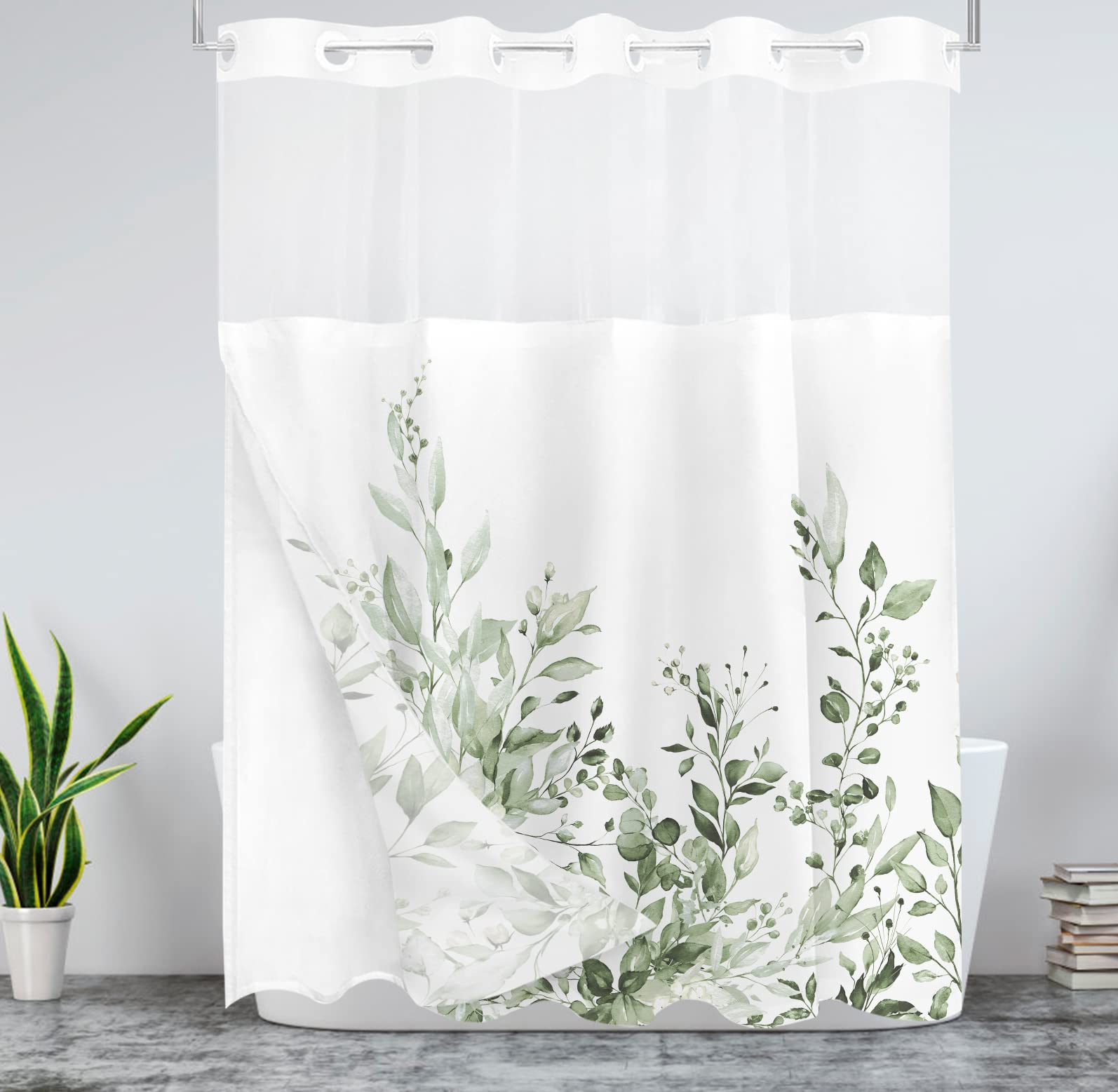Tititex Duschvorhang-Set ohne Haken, zum Einrasten, Limegreen, Hellgrün, Eukalyptusblätter, Hotel-Luxus, doppellagig, wasserdichter Stoff und durchsichtiges Fenster, Badezimmer, dekorativ, 180 x 180