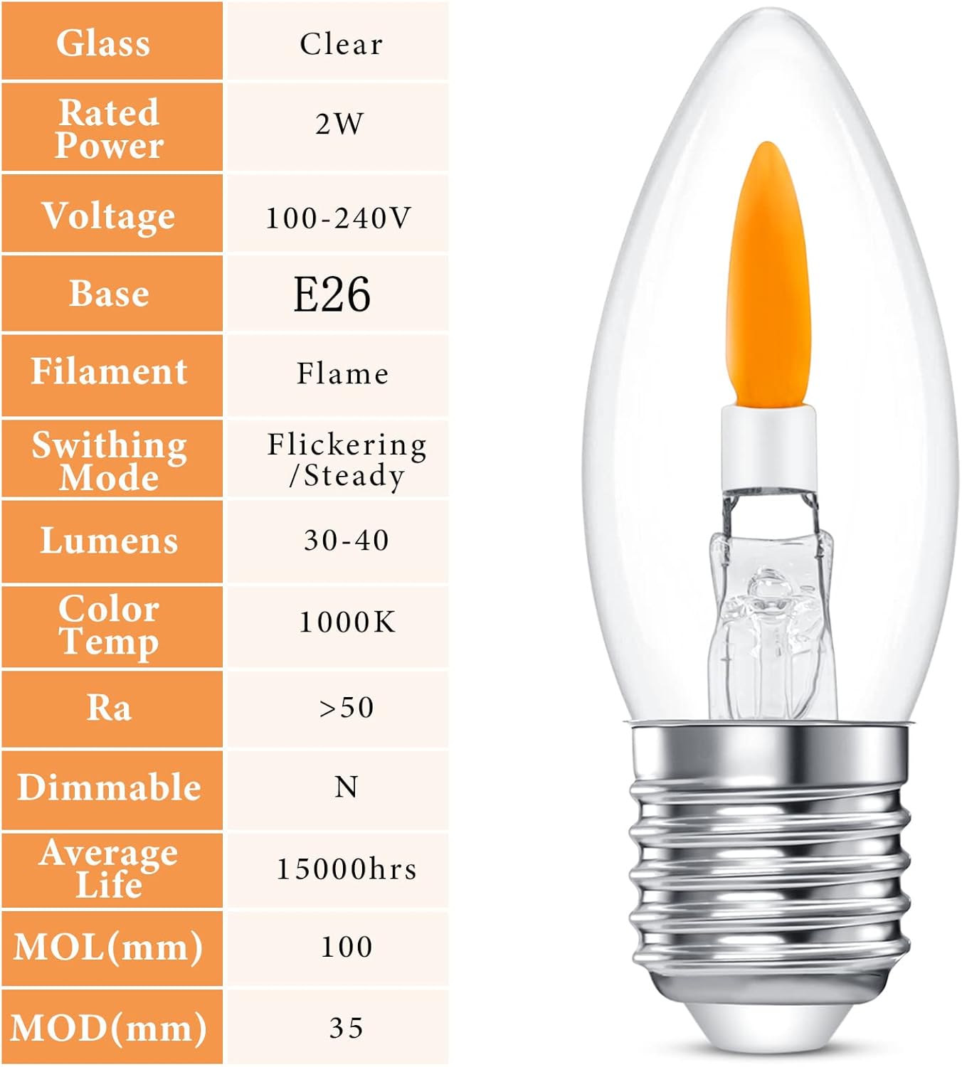C35E26 Flame Bulbs 6-Pack - 2 Modes (Flicker & Steady), Emits a Soft Orange-Yellow Glow for Ambient Decor, Standard E26 Medium Base, 1800K LED, Non-Dimmable for Halloween/Christmas Porch & Home Decor