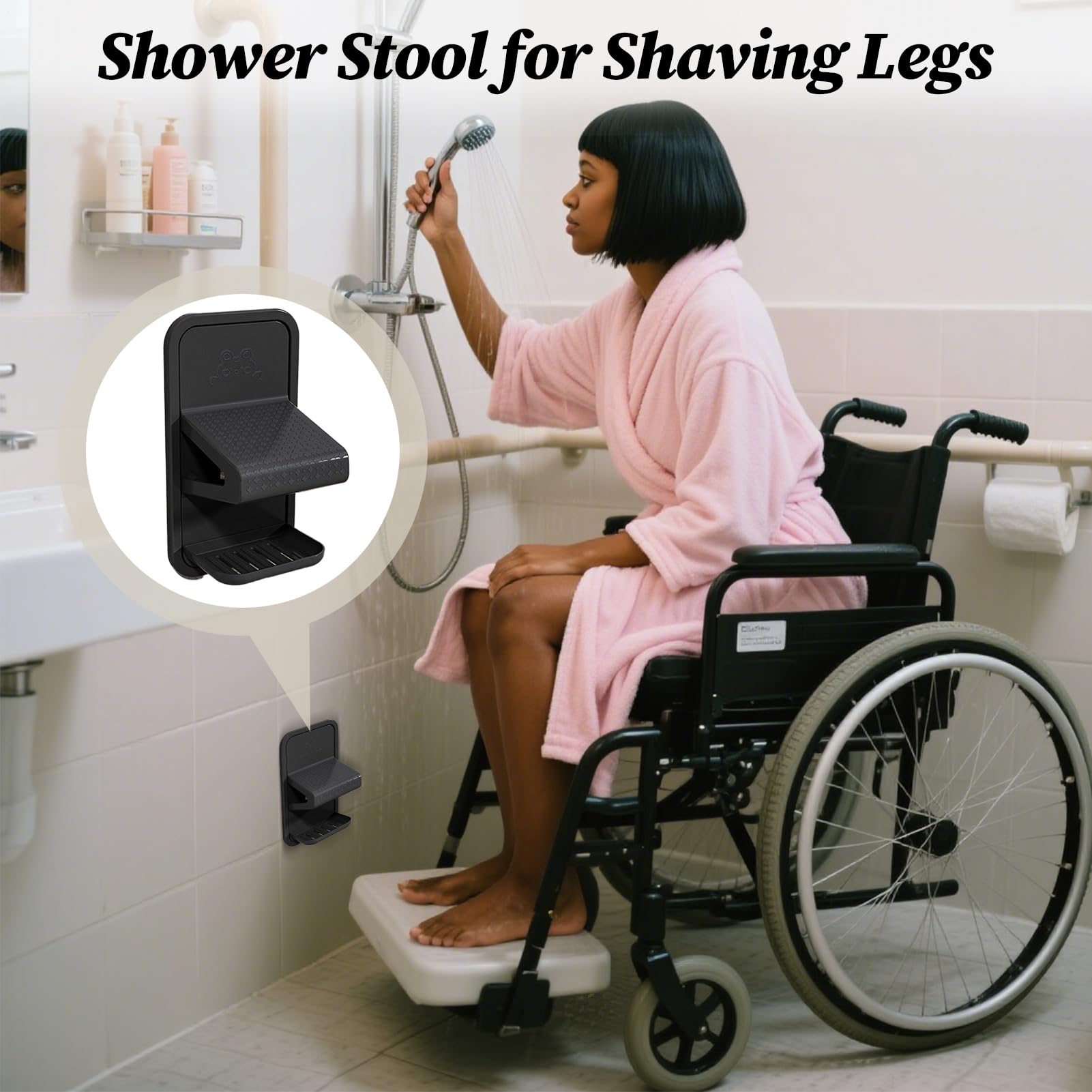 Shower Foot Rest – PP 21.5x11x9.2cm | Leg Shaving Footstool With Tray, Wall Bathroom Accessory For Metal, Glass, Marble Surfaces In Apartment, Hotel, RV Any Setting.