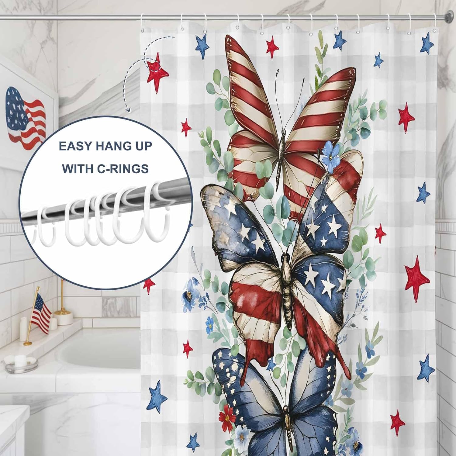 4th of July Shower Curtain Red Blue Stars Butterfly Bathroom Curtains with Hooks, Waterproof Eucalyptus Leaves Plaid Independence Day Shower Curtains Set for Bathroom Bathtubs Memorial Day 72x72