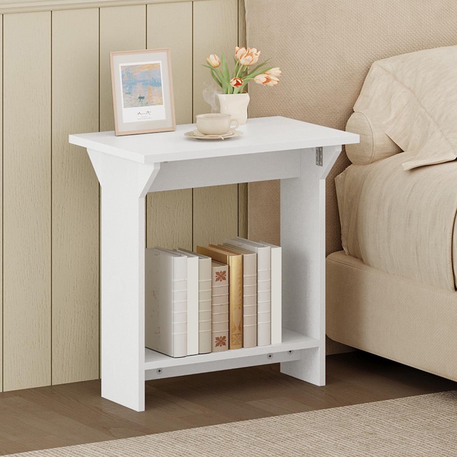 MAHANCRIS Narrow Side Table, End Table with Drop-Leaf Tabletop, Bedside Table with Bottom Shelf for Small Spaces, Living Room, Bedroom, White AETWT7401