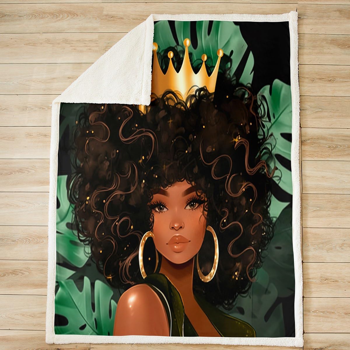 Castle Fairy Ethnic Girl African Bed Blanket for All Season Green Palm Leaves Plush Throw Blanket,Queen Crown Black Hair Home Decorative Flannel Blanket Beautiful Lady Blanket for Sofa Couch 60"x80"