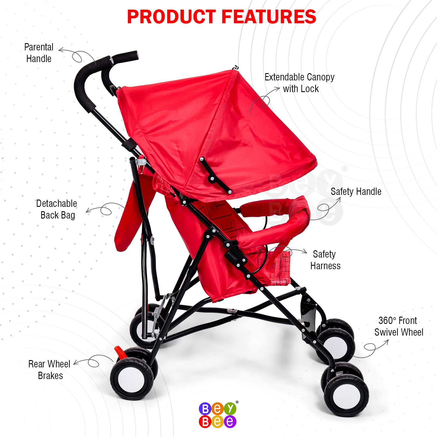 BeyBee Tutti Fruti Baby Stroller/Buggy, Compact & Travel Friendly Baby pram, for Baby & Kids, 6-36 Months, with 2 Point Safety Harness, Adjustable seat Recline, 15Kg Capacity (Orange) 2