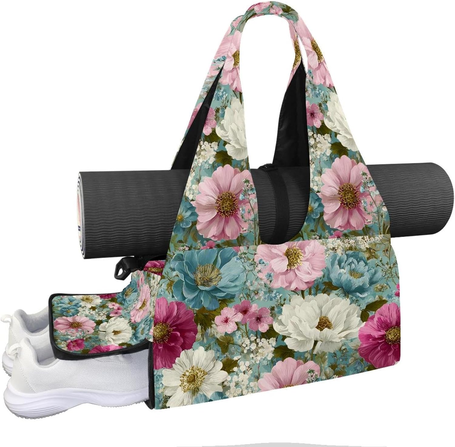 Yoga Mat Bag, Gym Workout Bag with Shoe Compartment, Daisies Flowers Pilates Bag for Women, Quick Access Storage Yoga Tote Bag for Sports Travel Office