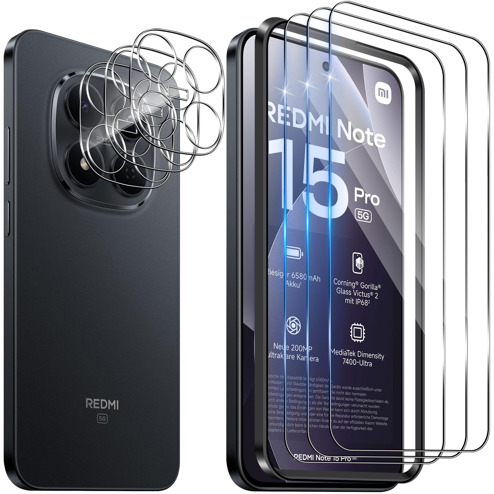 Pellicola Vetro Temperato per Xiaomi Redmi Note 15 Pro 5G, 3 Pezzi Pellicola Fotocamera e 3 Pezzi Pellicola Protettiva, 9H HD Anti Graffi Trasparente Fotocamera Protezione Schermo