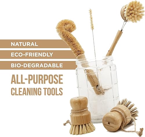 Miniatura 2 de Juego de cepillos de bambú natural con soporte - Cepillo de madera ecológico para platos