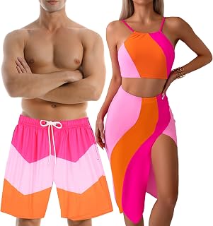 Colorblock matching swimsuit with women's skirt and men's trunks
