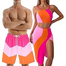 Traje de ba&ntilde;o a juego para parejas Colorblock para &eacute;l y para ella, juego de traje de ba&ntilde;o de 3 piezas para mujer con falda, ba&ntilde;adores para hombre con forro