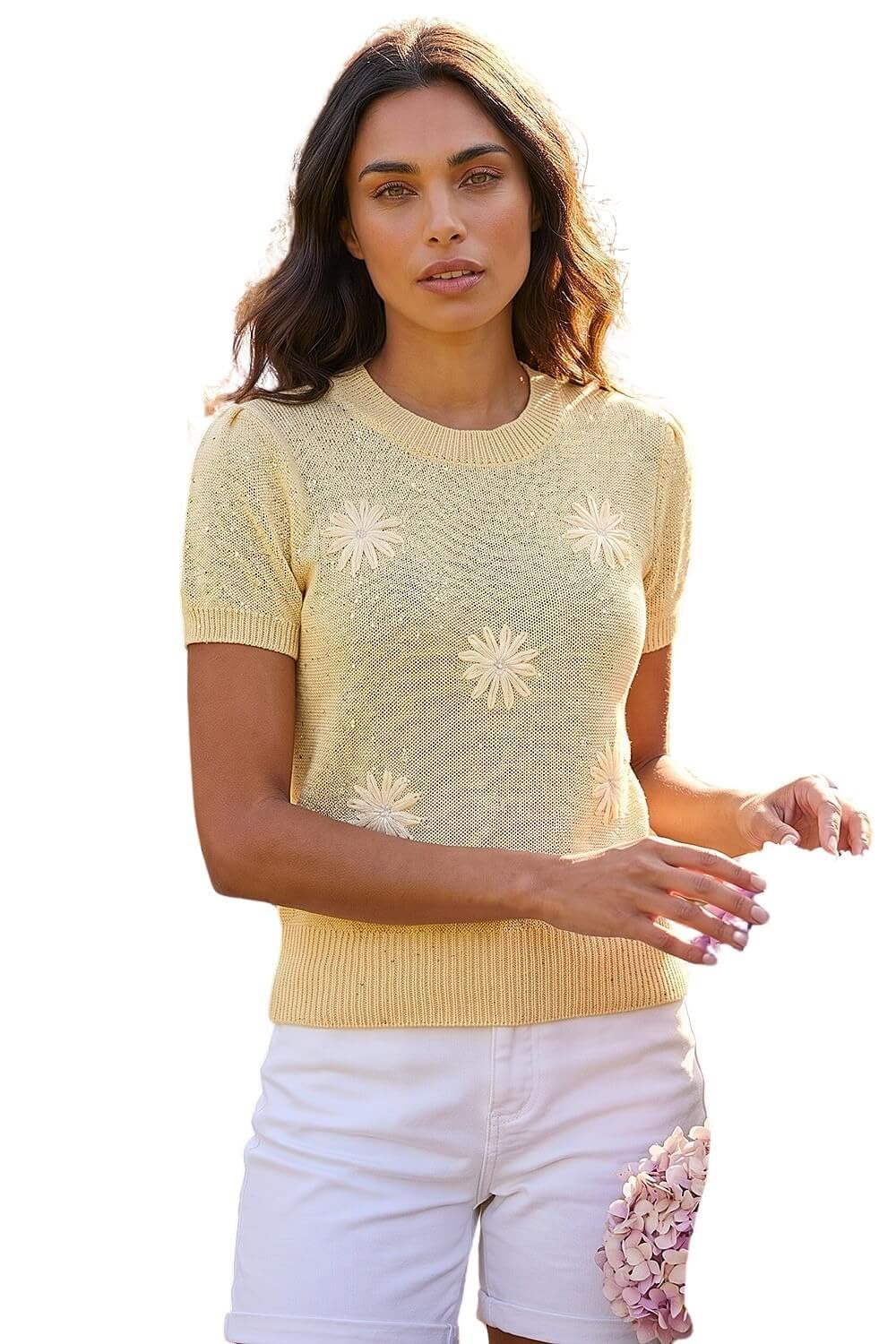 Roman Originals Women's Lemon Daisy Sequin Embroidered Knit Top For Uk - Everyday Holiday Spring Summer Crew Neckline Comfy Soft Evening Vacation Work Party - Size 10
