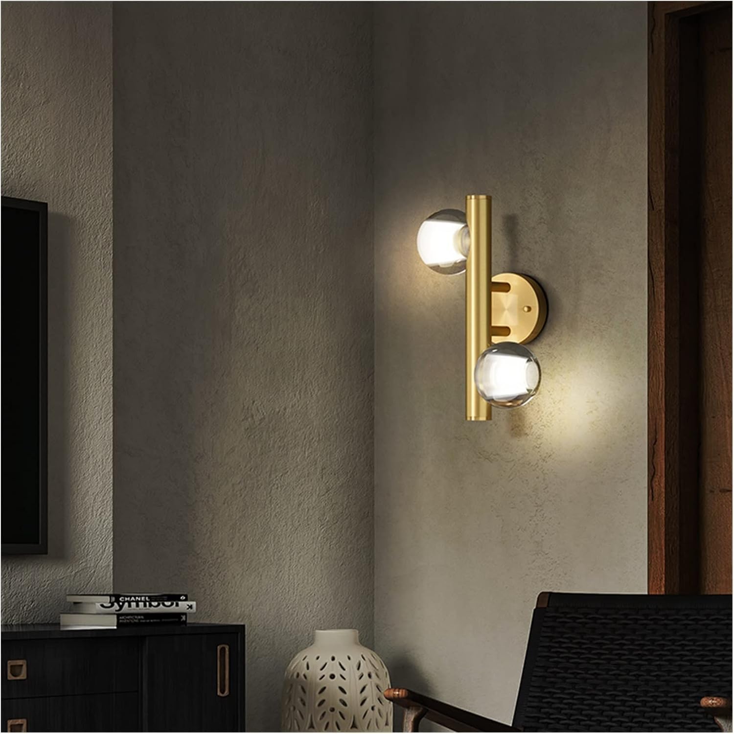 Applique murale cuivre moderne à double tête en verre avec trois couleurs de lumière pour l'entrée
