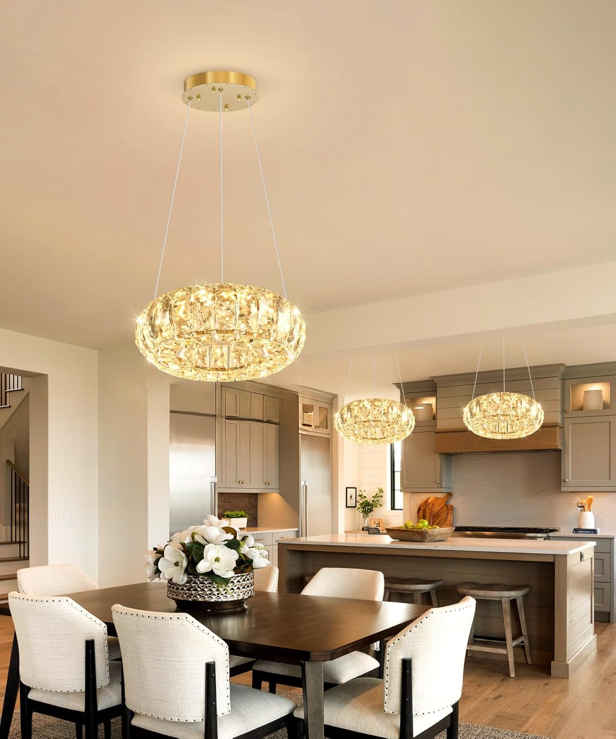 8" Modern Crystal Chandelier Dimmable Ring Pendant Light Round Crystal Chandeliers for Living Room Dining Room Bedroom Gold