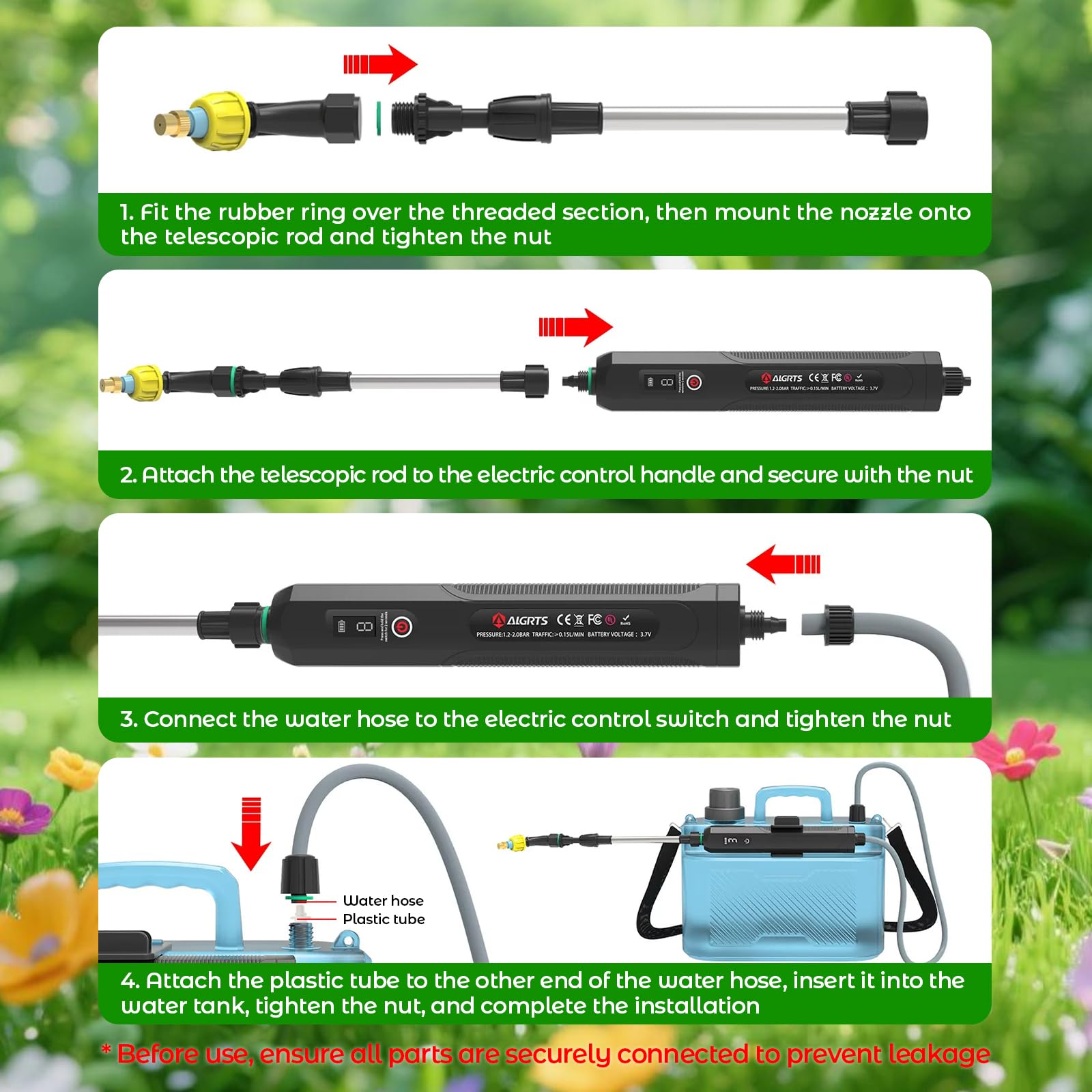 auvstar Pulverizador Eléctrico de Jardín 8L | 4 Boquillas, Recargable con Correa, 3 Velocidades, Mochila Pulverizadora, Mango 77cm Telescópico