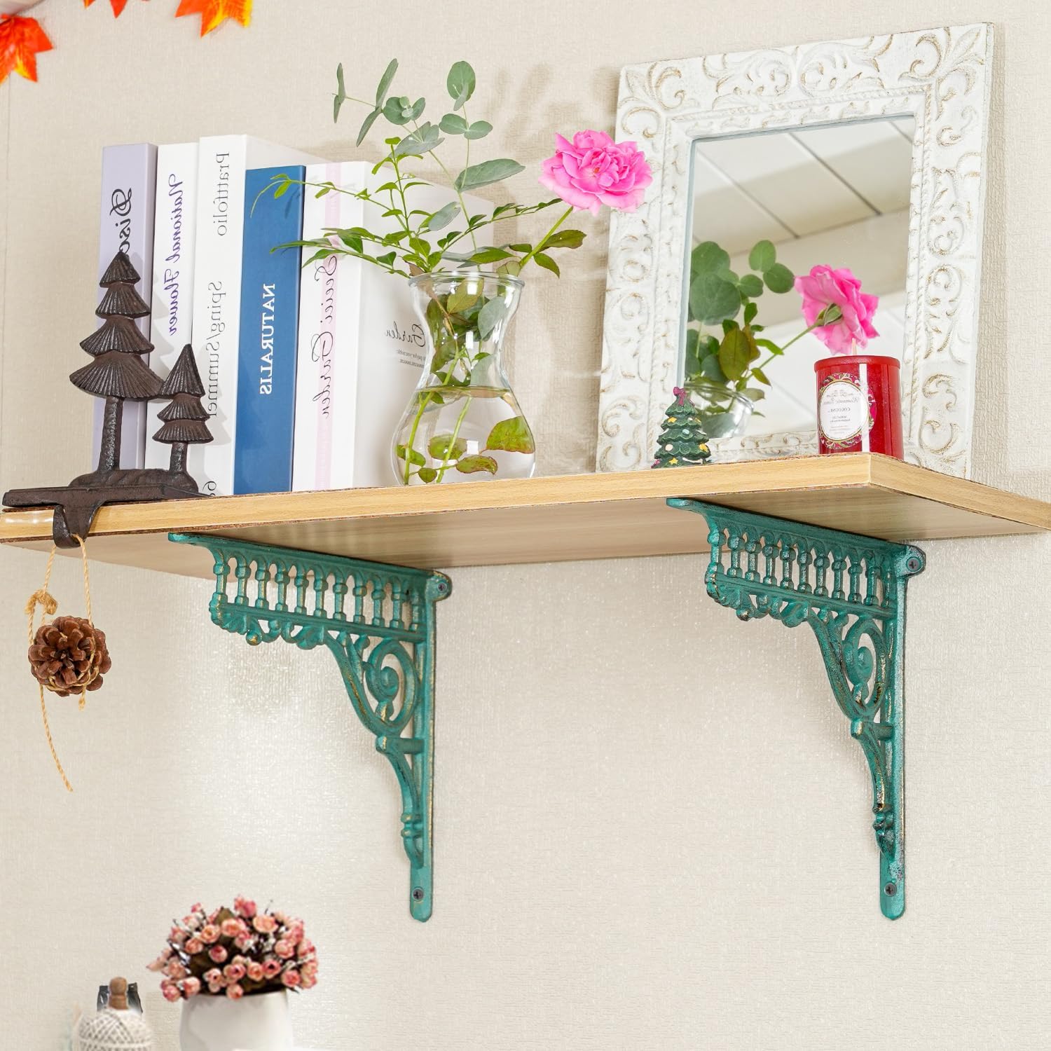 10.6インチ 鋳鉄グリーンブラケット 棚用、2個 ヴィンテージメタル装飾アングルサポートドアウェイブラケット、高耐久ビクトリア朝の