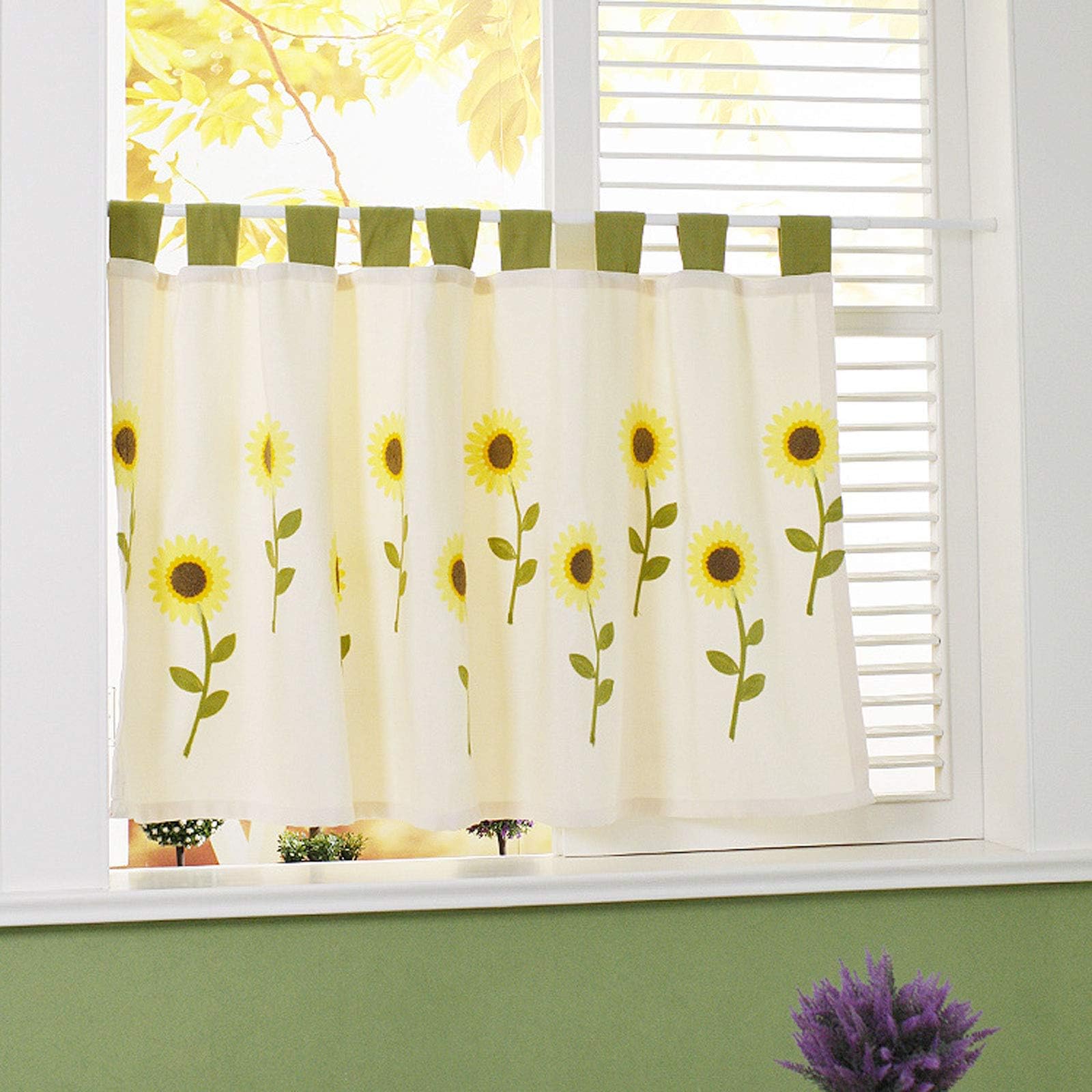 – Kitchen Cafe Kitchen Short Tier Curtains Panel Window Treatment Valances Cotton Linen Sunflower Embroidery Bistro Curtain, Farmhouse Style, Beige,150 * 77cm/59 * 30in
