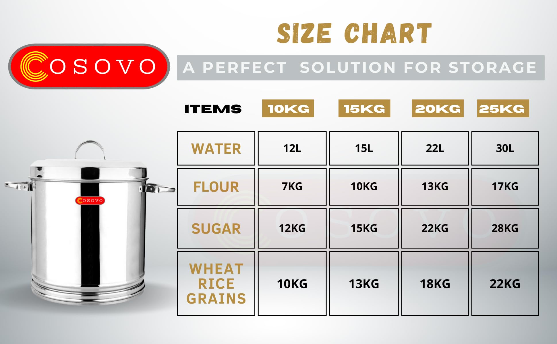 COSOVO® Contenedor hermético de acero inoxidable para almacenamiento de cocina, 25 kg