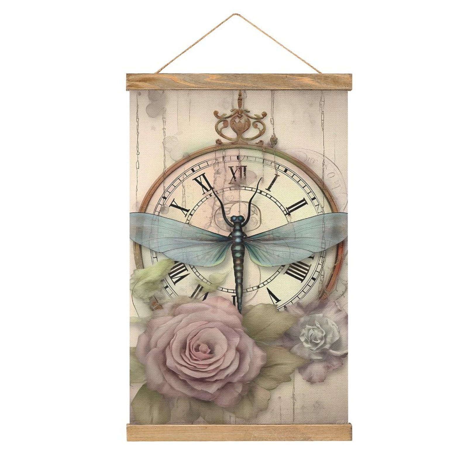 CGSBNGHA Clock Dragonfly Rose Wall Art Prints Linen Hanging Painting Scroll Paintings Pictures Decor for Home