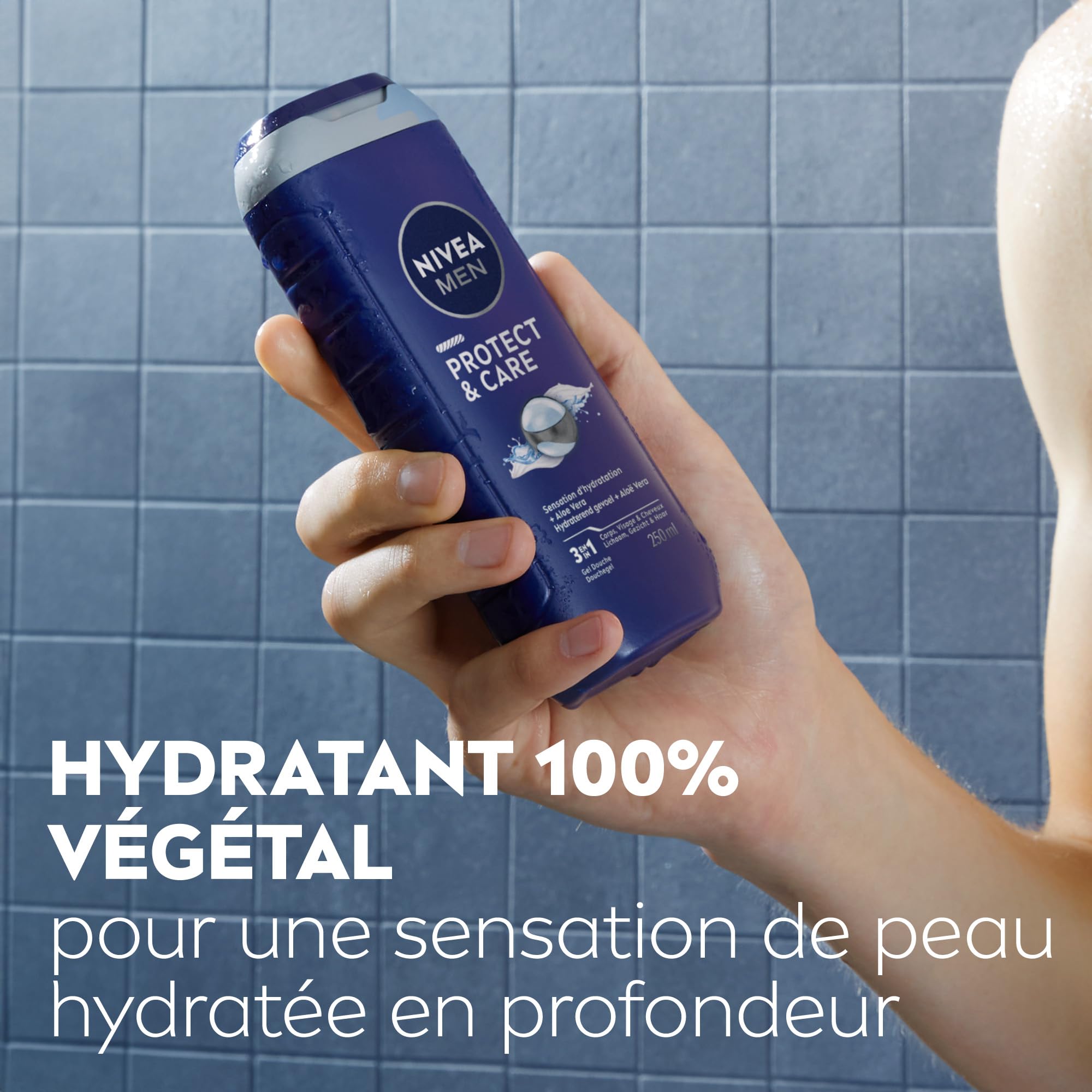 NIVEA MEN Gel douche Protect & Care (lot 6x250 ml) — Soin lavant enrichi en Aloe Vera naturel — Gel douche homme 3 EN 1 — Soin nettoyant corps visage et cheveux à la formule hydratante