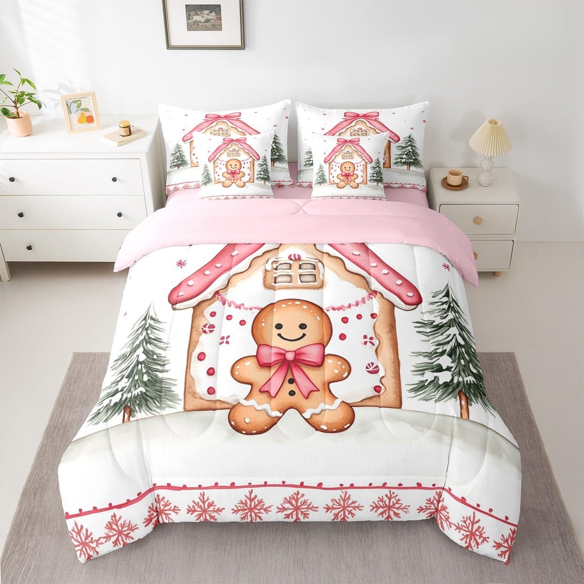 Feelyou Cute Christmas Gingerbread Man Queen Comforter Set with Sheets for Kids Boys Girls Gingerbread House 7 Pieces Bedding Set Xmas Gift Bed in a Bag Room Decor Soft Microfiber