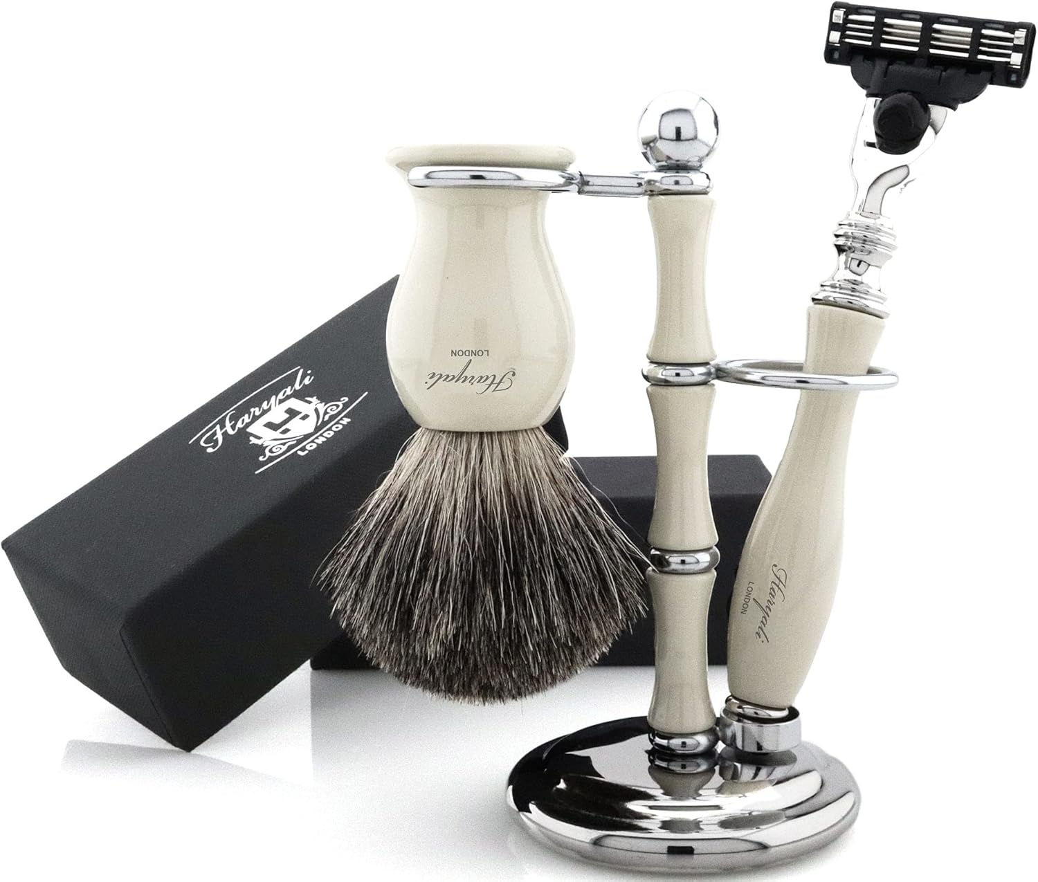 Shaving Kit - 3 Pc Shaving Kit - 3 Edge Shaving Blade Shaving Razor - Best Badger Shaving Brush - Shaving Stand - White Color Shaving Set as a Gift Set