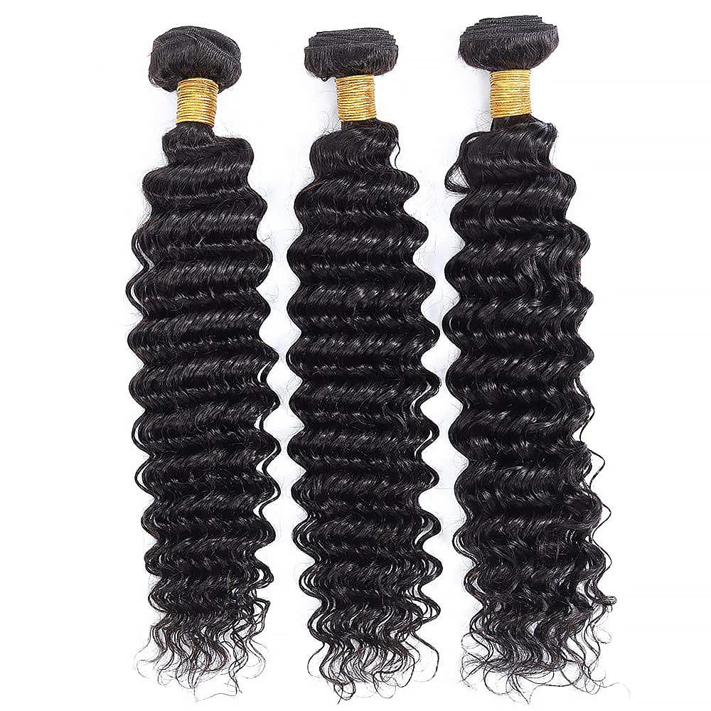Deep Wave Human Hair Bundles Color #1B Natural Black 30 32 34 Inch 3 Bundles Human Hair Deep Weave Unprocessed Virgin Hair Extensions 50 Gram Per Bundle