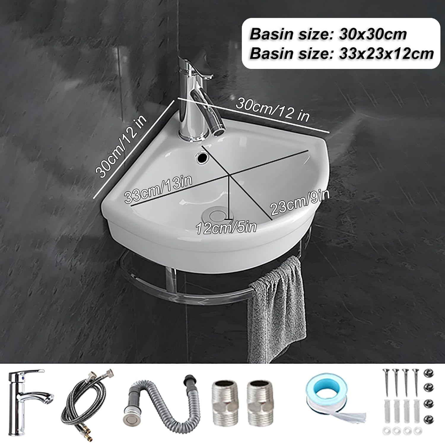 Small Vessel Sink for Bathrooms, Wall Mount Corner Sink, Modern Bathroom Vessel Sink Corner Mounted, with Faucet Drain Towel Bar, for Kitchen Bathroom Restaurant Farmhouse Laundry ( Size : 30cm/12in )