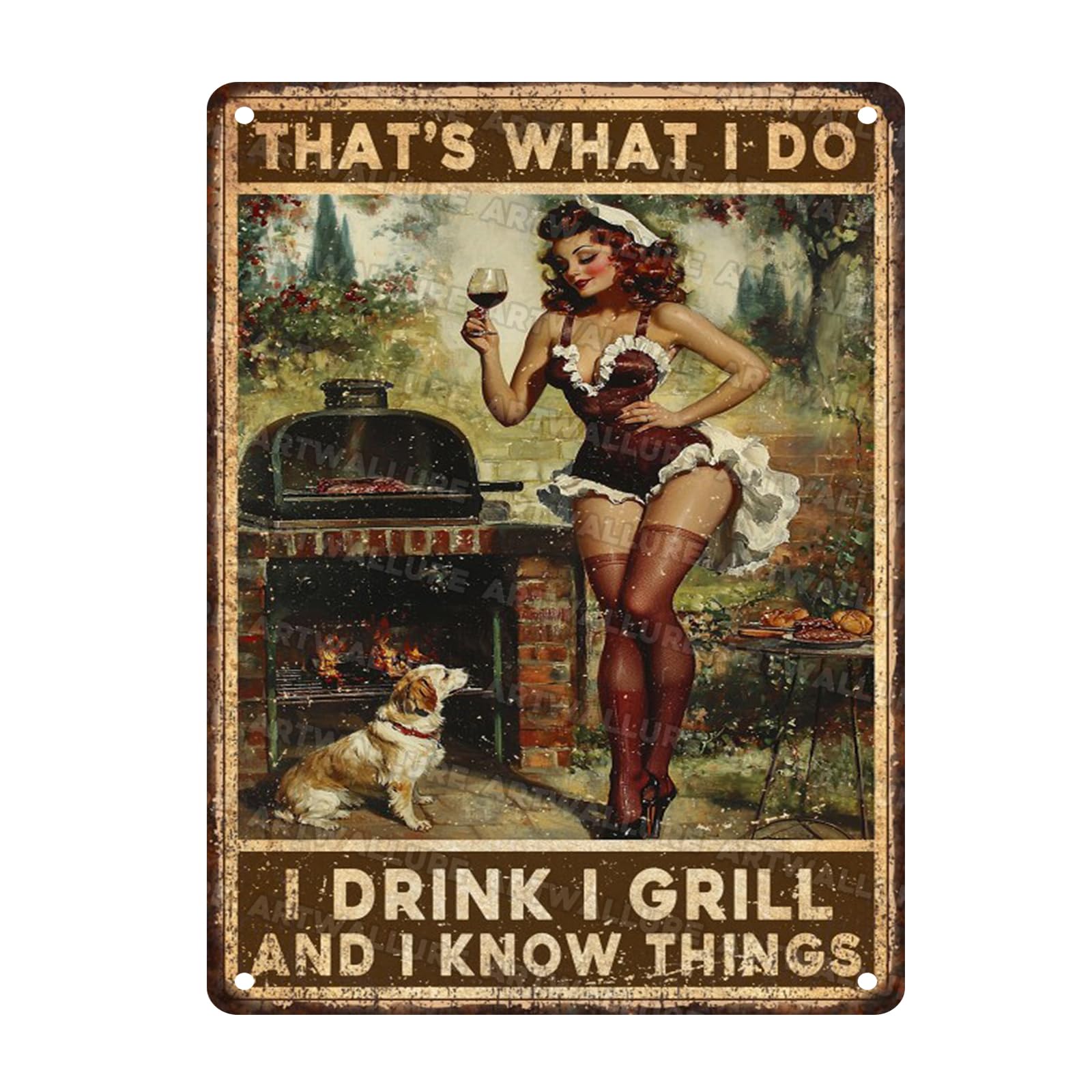 Retro Metal Tin Sign BBQ Girl Grill Lovers Gift Rustic Wall Art I Drink I Grill I Know Things Kitchen Cabin Decor Vintage Style 12x16inch
