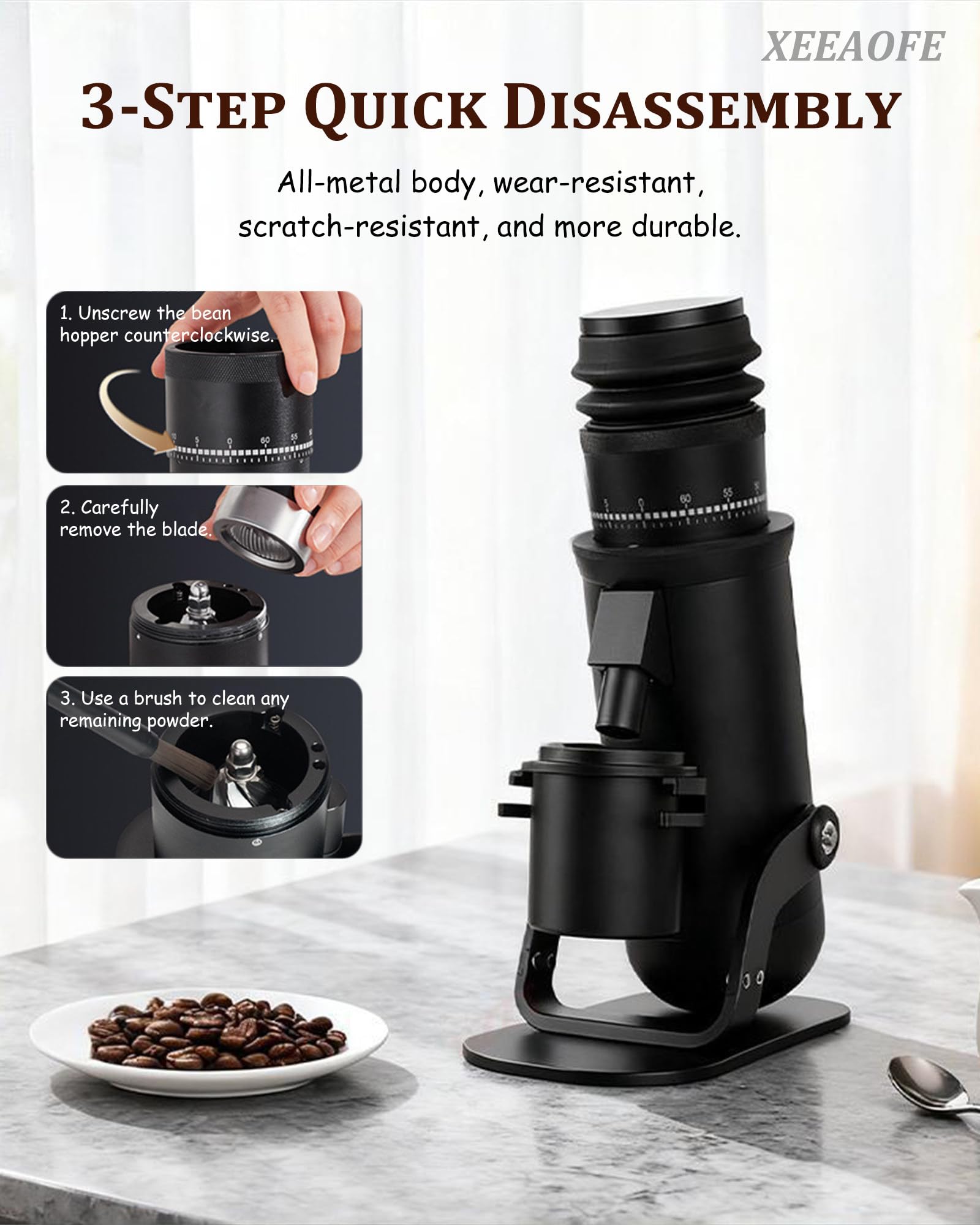 Młynka do Kawy ze Ślimakami Stożkowymi: 60 Ustawień Mielenia od Espresso do French Press, Konstrukcja Pojedynczej Dawki z Miechem do Czyszczenia & Lejem o Niskim Zaleganiu