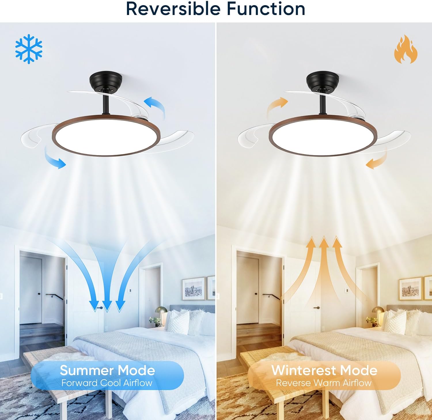 42 Inch Ceiling Fans with Lights, Retractable Fandelier Ceiling Fan, 3 Color Temperature, 6-Speed Reversible Motor, Timer & Memory Function, for Bedroom Living Room-Black