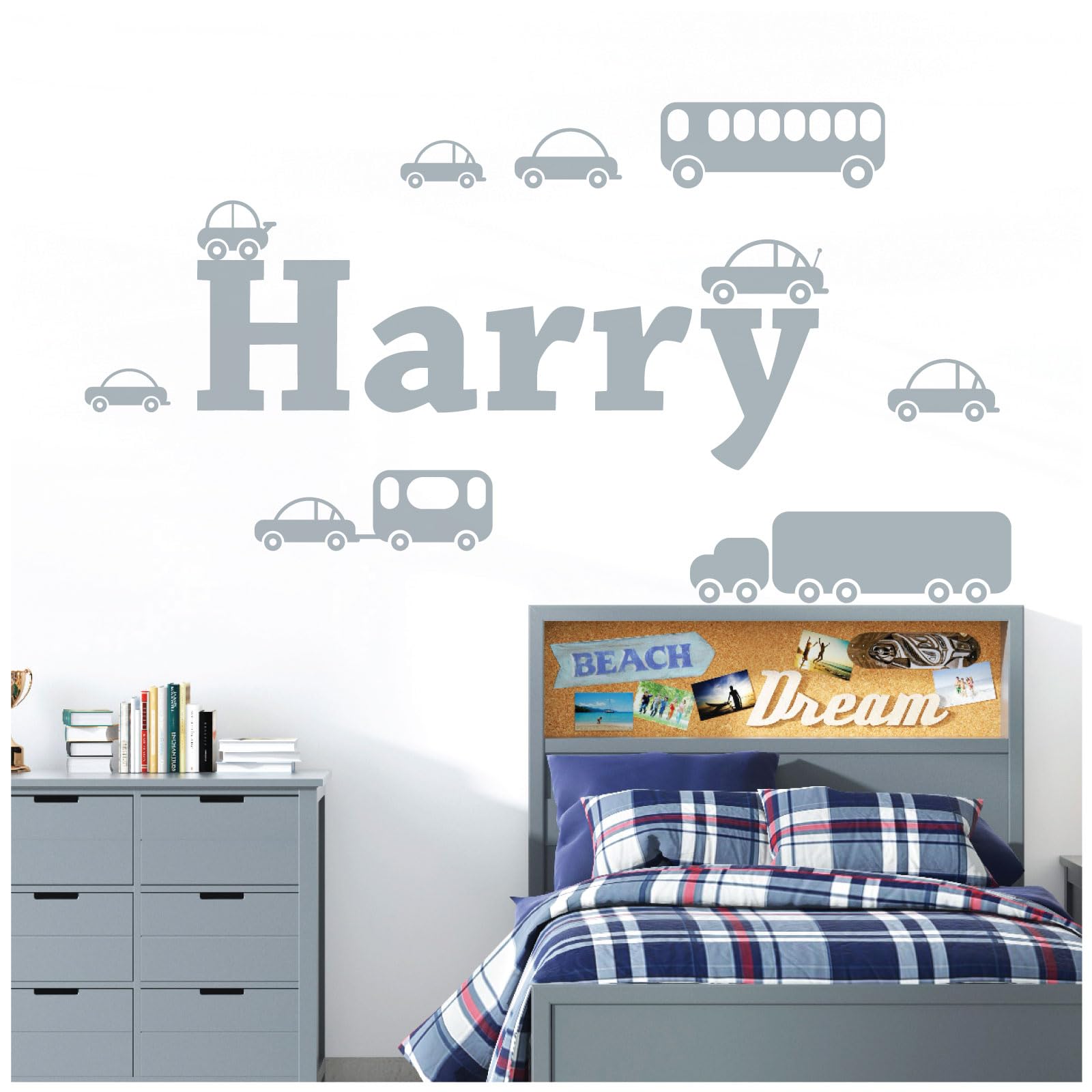 Personalised Name Boys Wall Art Sticker - Cartoon Trucks, Cars, Bus, Caravan, Taxi Set [Medium] [Silver] — image 1